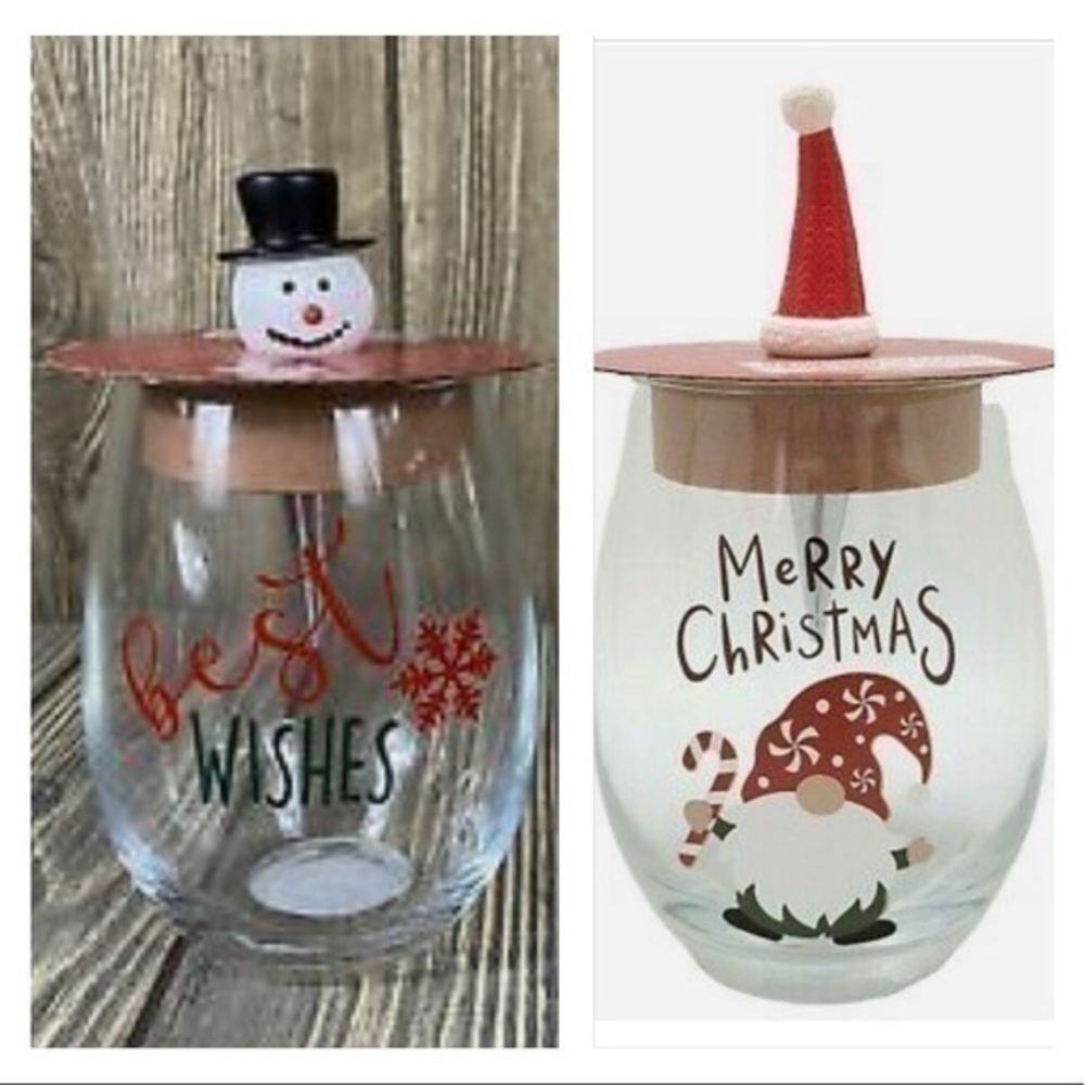 Holiday Stemless wine glass with bottle topper snowman and gnome